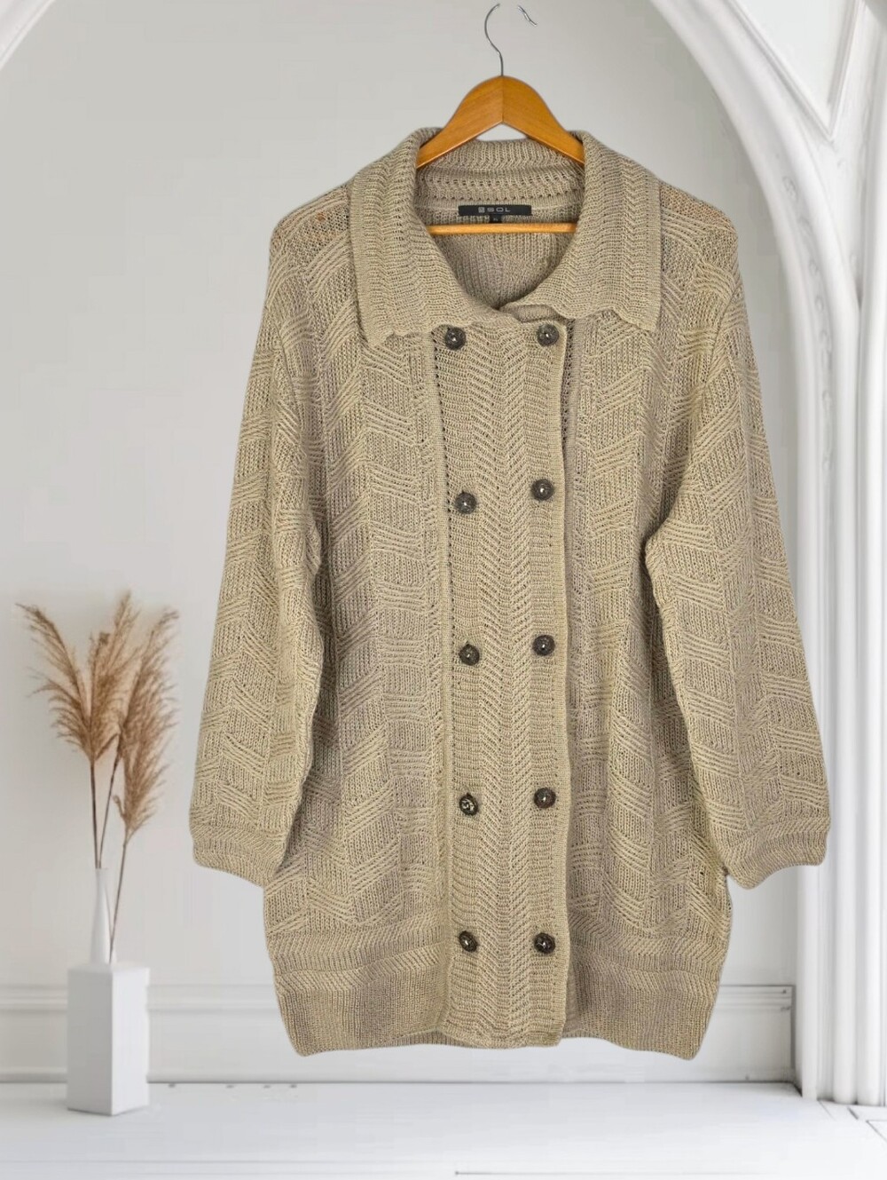 SOL ALPACA 100% Alpaca Double-Breasted Knit Long‎ Cardigan Sweater Beige Size XL